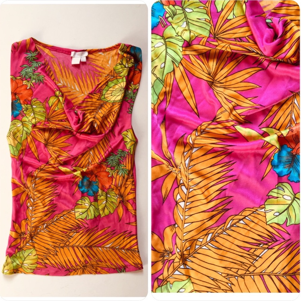 Zara Tropical knit rayon top floral print Fuchsia size M